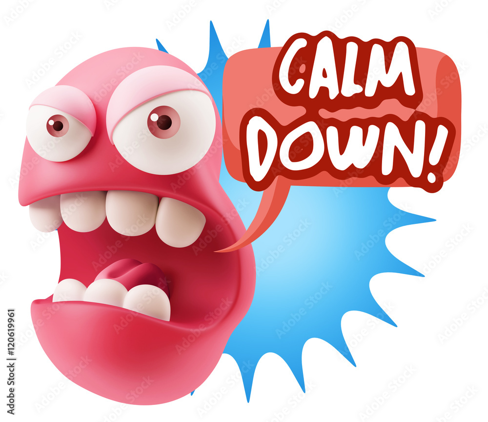 3d Rendering Angry Character Emoji saying Calm Down with Colorfu