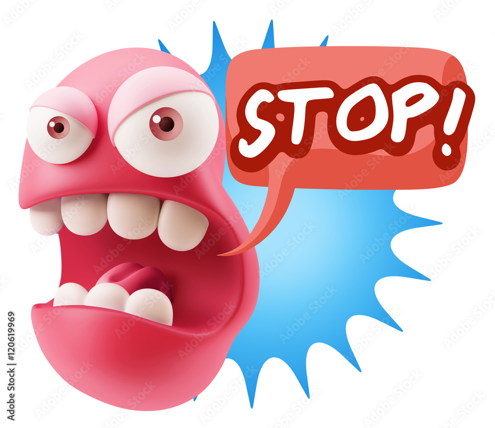 3d Rendering Angry Character Emoji saying Stop with Colorful Spe 3d Rendering Angry Character Emoji saying Stop with Colorful Spe