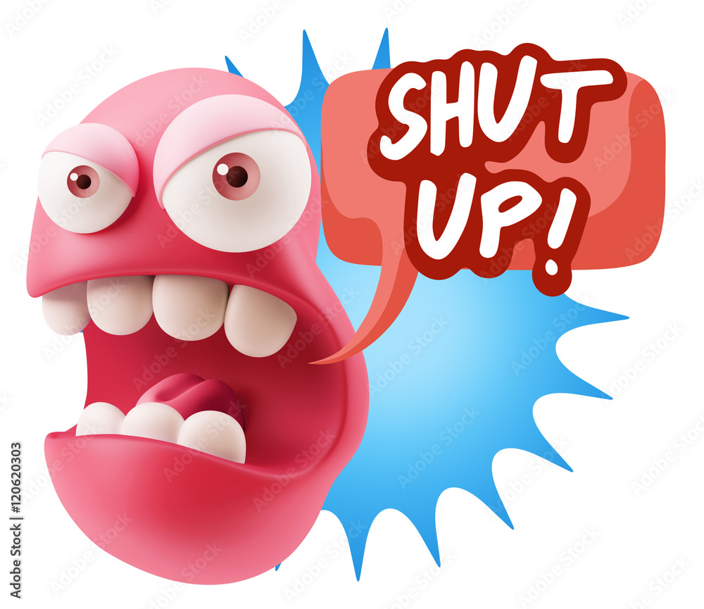 3d Rendering Angry Character Emoji saying Shut Up with Colorful