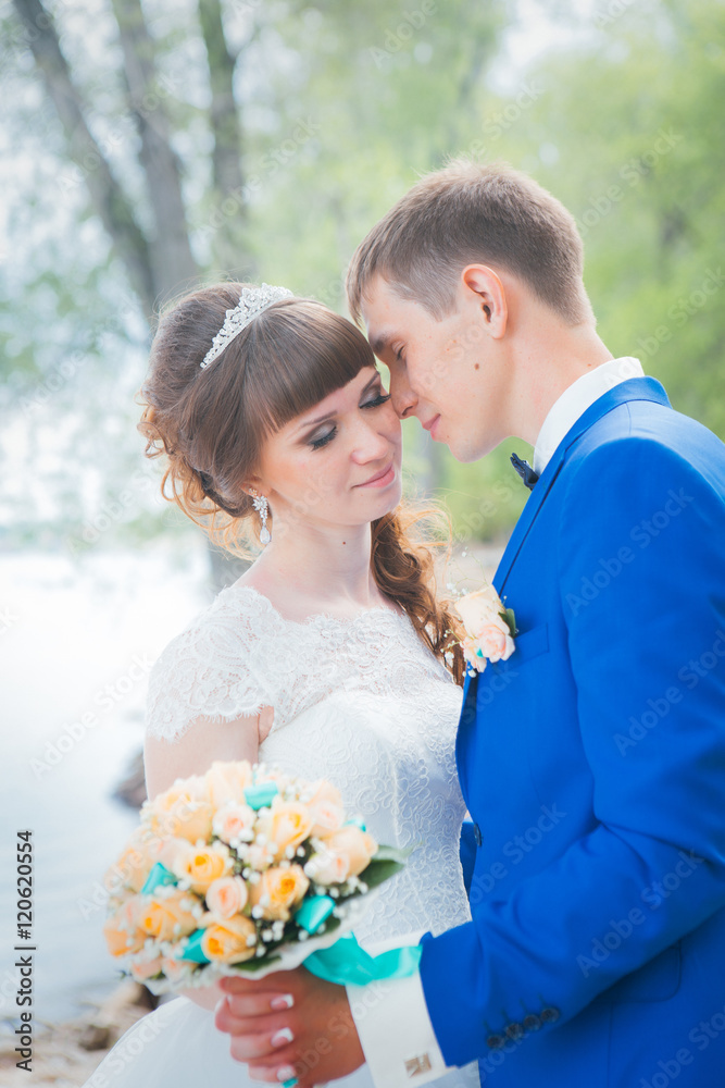 bride and groom standing kissing in the background of the nature bride and groom standing kissing in the background of the nature