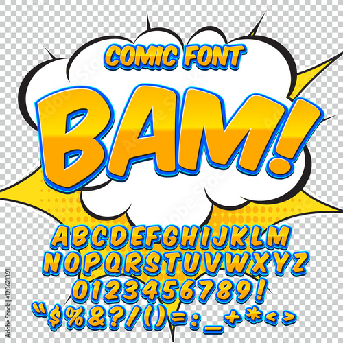 Creative high detail comic font. Alphabet in the style of comics, pop art.