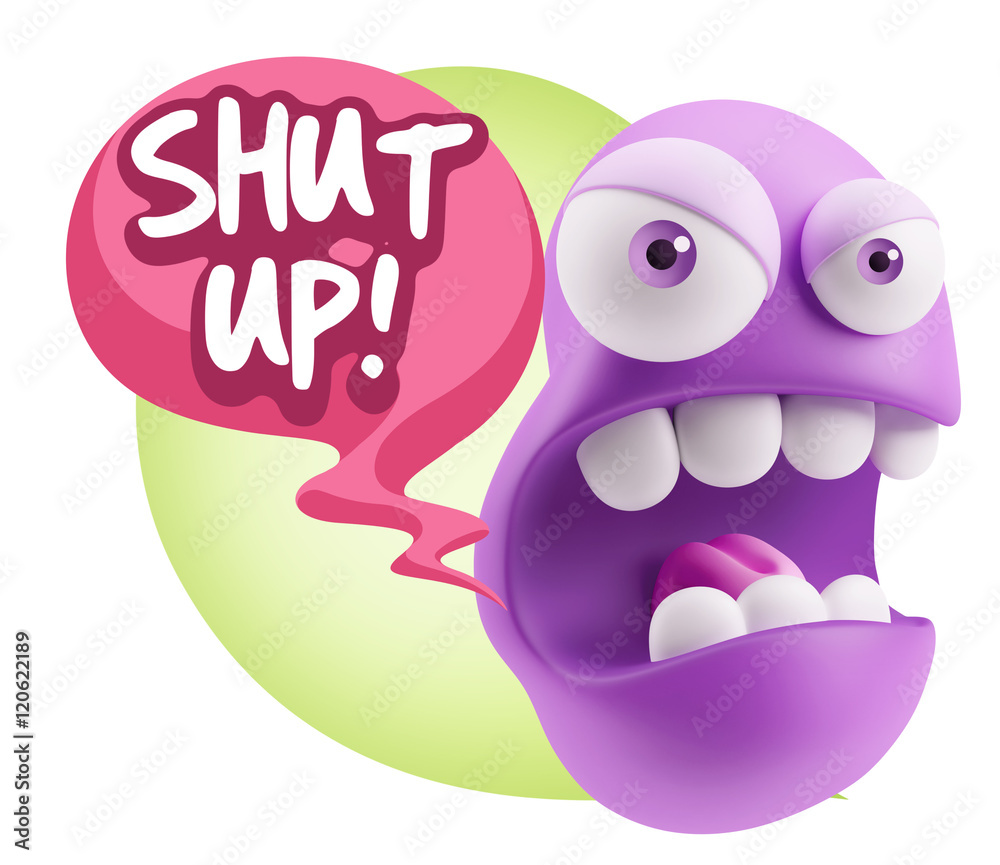 3d Rendering Angry Character Emoji saying Shut Up with Colorful