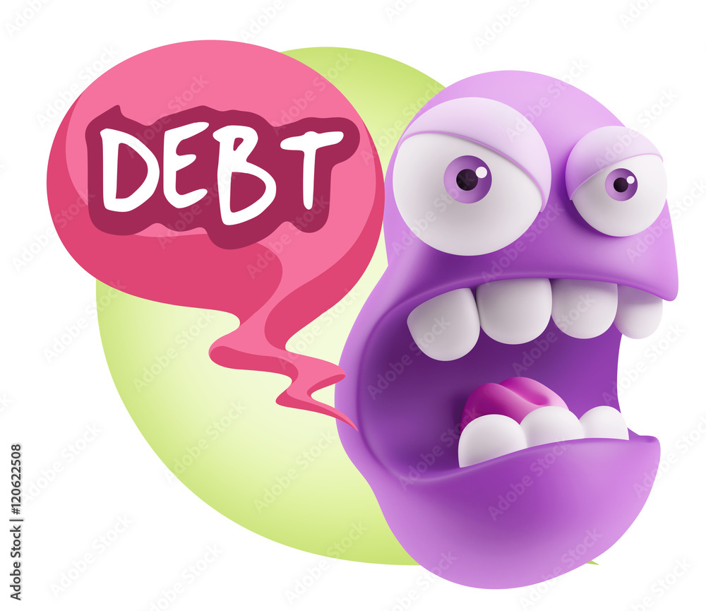 3d Rendering Angry Character Emoji saying Debt with Colorful Spe