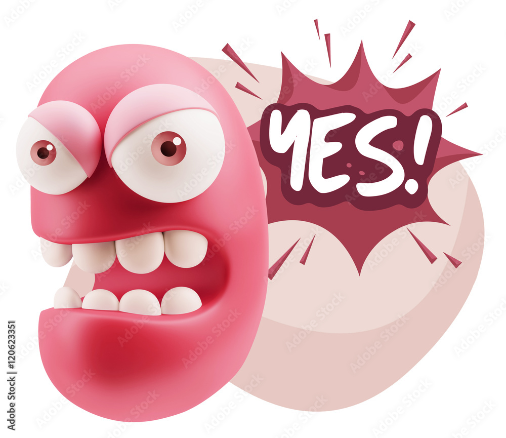 Obraz premium 3d Rendering Angry Character Emoji saying Yes with Colorful Spee