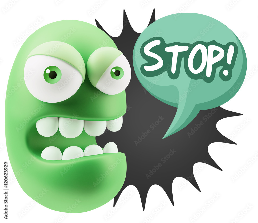 3d Rendering Angry Character Emoji saying Stop with Colorful Spe 3d Rendering Angry Character Emoji saying Stop with Colorful Spe