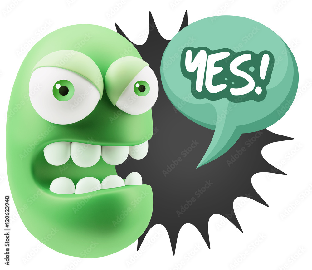 3d Rendering Angry Character Emoji saying Yes with Colorful Spee 3d Rendering Angry Character Emoji saying Yes with Colorful Spee