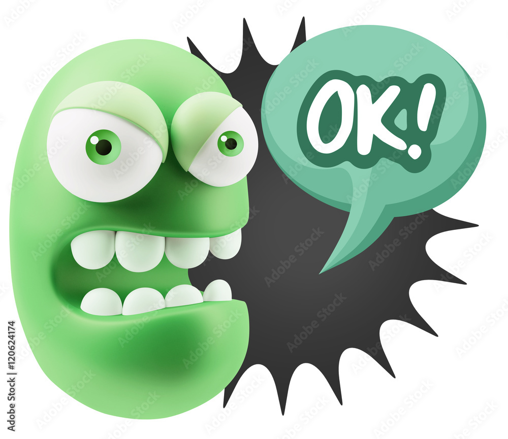 Fototapeta premium 3d Rendering Angry Character Emoji saying OK with Colorful Speec
