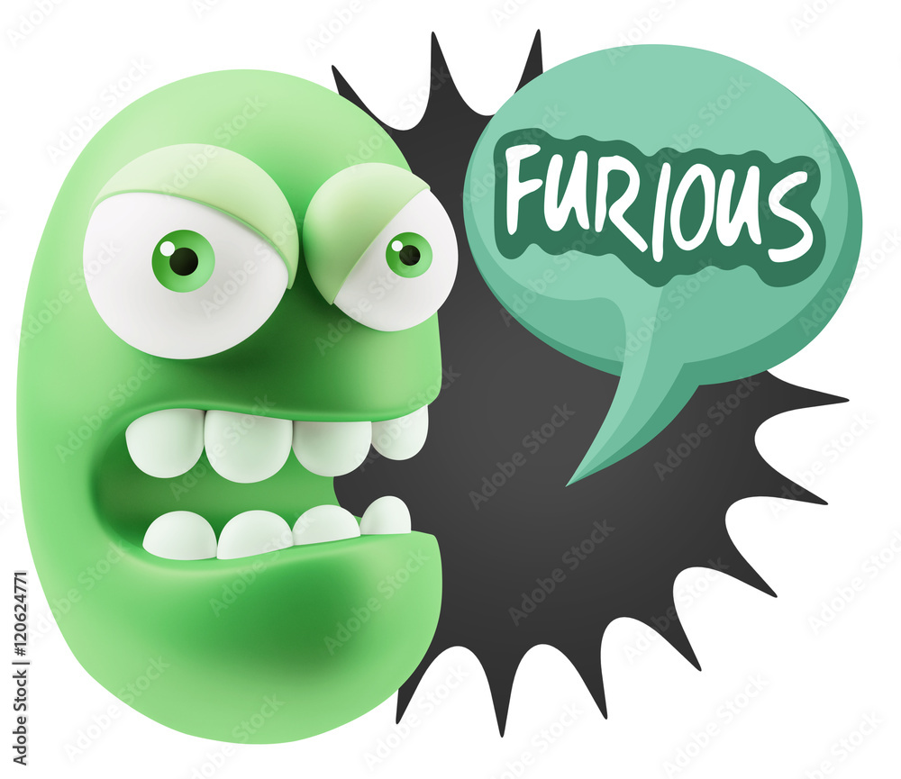 3d Rendering Angry Character Emoji saying Furious with Colorful