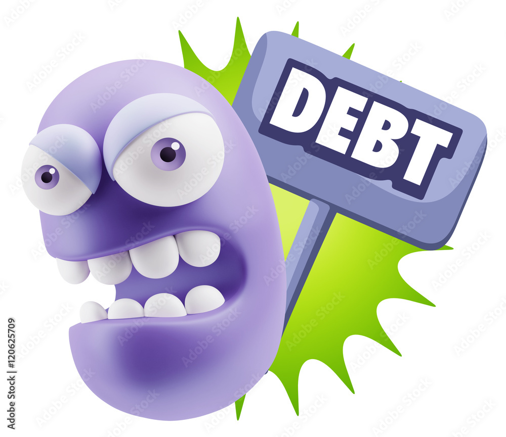 3d Rendering Angry Character Emoji saying Debt with Colorful Spe 3d Rendering Angry Character Emoji saying Debt with Colorful Spe