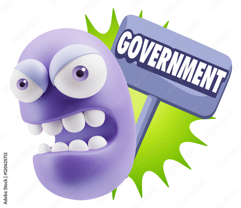3d Rendering Angry Character Emoji saying Government with Colorf