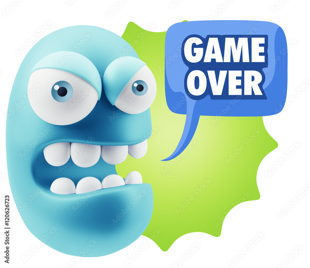3d Rendering Angry Character Emoji saying Game Over with Colorfu 3d Rendering Angry Character Emoji saying Game Over with Colorfu