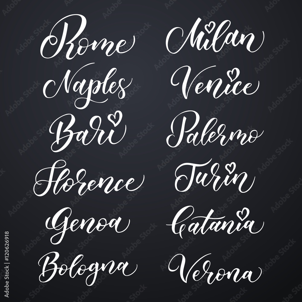Italian city hand drawn vector lettering. Modern ink calligraphy. Brush typography of Rome, Naples, Bari, Florence, Genoa, Bologna, Milan, Venice, Palermo, Turin, Catania, Verona on dark background. Italian city hand drawn vector lettering. Modern ink calligraphy. Brush typography of Rome, Naples, Bari, Florence, Genoa, Bologna, Milan, Venice, Palermo, Turin, Catania, Verona on dark background.