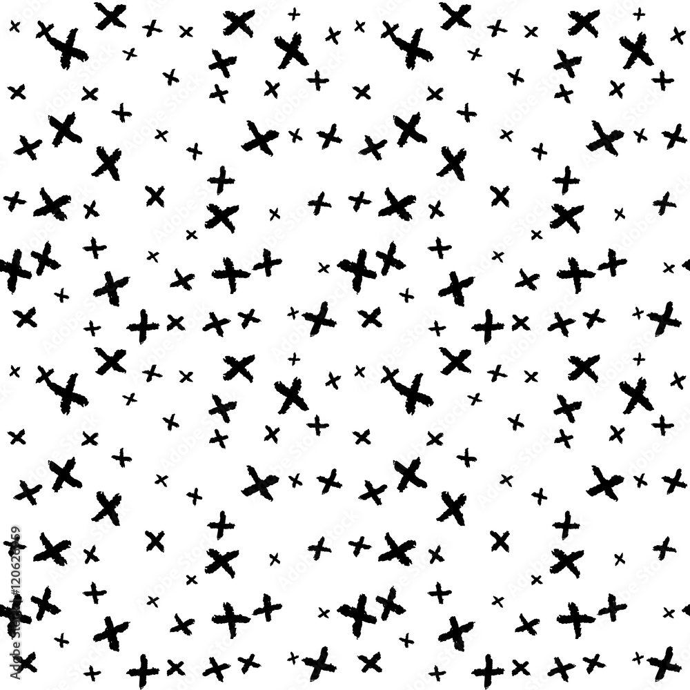 Seamless pattern with plus signs, black on white. Vector charcoal ...