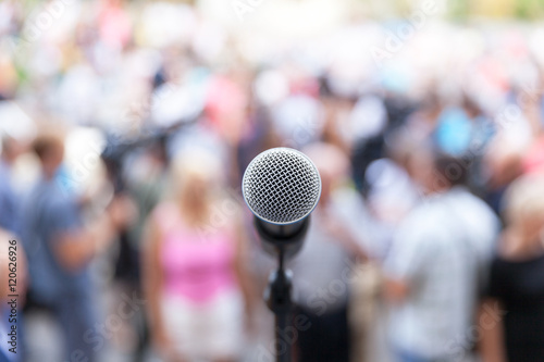 Political protest. Public demonstration. Microphone.