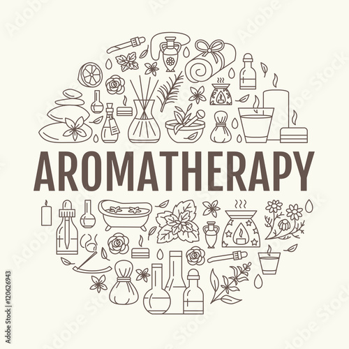 Aromatherapy and essential oils circle template. Vector line illustration of aromatherapy diffuser  oil burner  spa candles  incense sticks  herbal bag massage. Essential oils poster