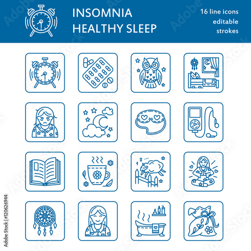 Modern vector line icon of sleepless and healthy sleep. Elements - clock, pillow, pills, dream catcher, counting sheep. Linear pictogram with editable stroke for sites, brochures about insomnia