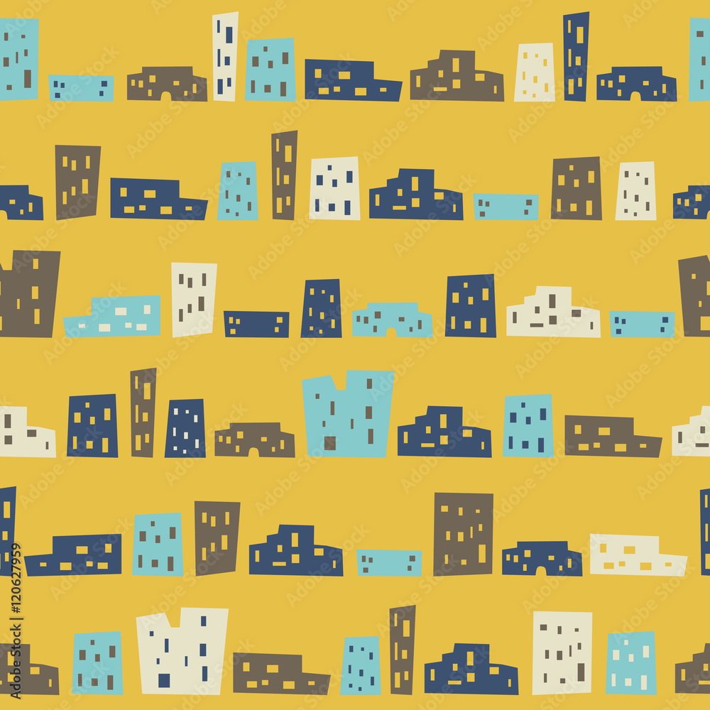 Funny houses seamless pattern. Cartoon cityscape. Vector illustration.
