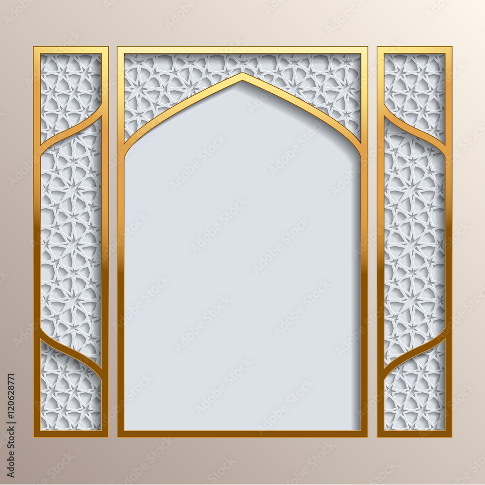 Fototapeta premium Islamic greeting card. Golden frame with 3D background with differnt girih patterns. Greeting card template for Ramadan, Eid al Fitr-festival of breaking of the fast, Eid al-Adha-festival of sacrifice