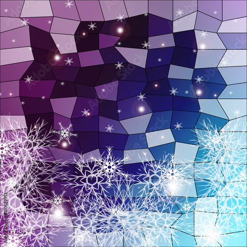 snowflakes on a blue and purple background with polygonal elements. vector illustration