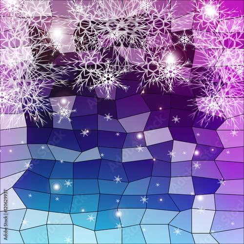 snowflakes on a blue and purple background with polygonal elements. vector illustration
