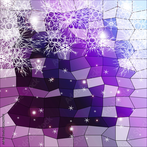 snowflakes on a blue and purple background with polygonal elements. vector illustration