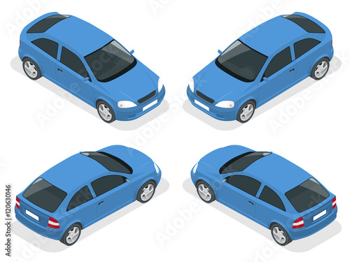 Isometric car. Hatchback car. Flat 3d vector high quality city transport icon set.