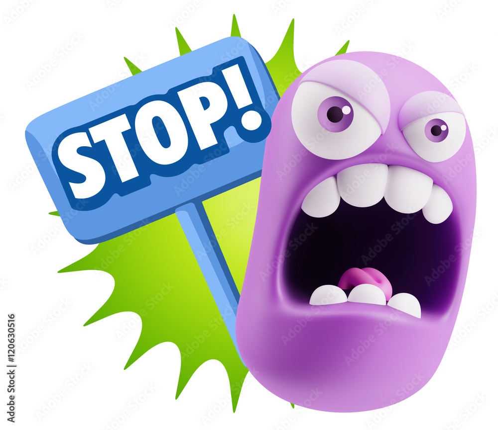 Obraz premium 3d Rendering Angry Character Emoji saying Stop with Colorful Spe