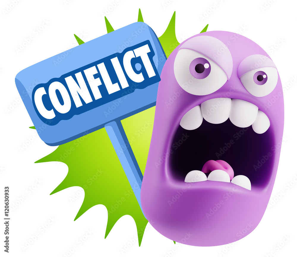 3d Rendering Angry Character Emoji saying Conflict with Colorful