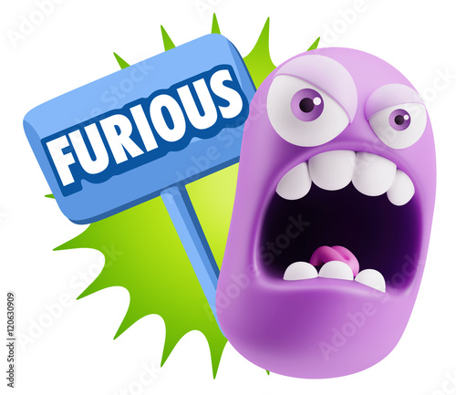 3d Rendering Angry Character Emoji saying Furious with Colorful