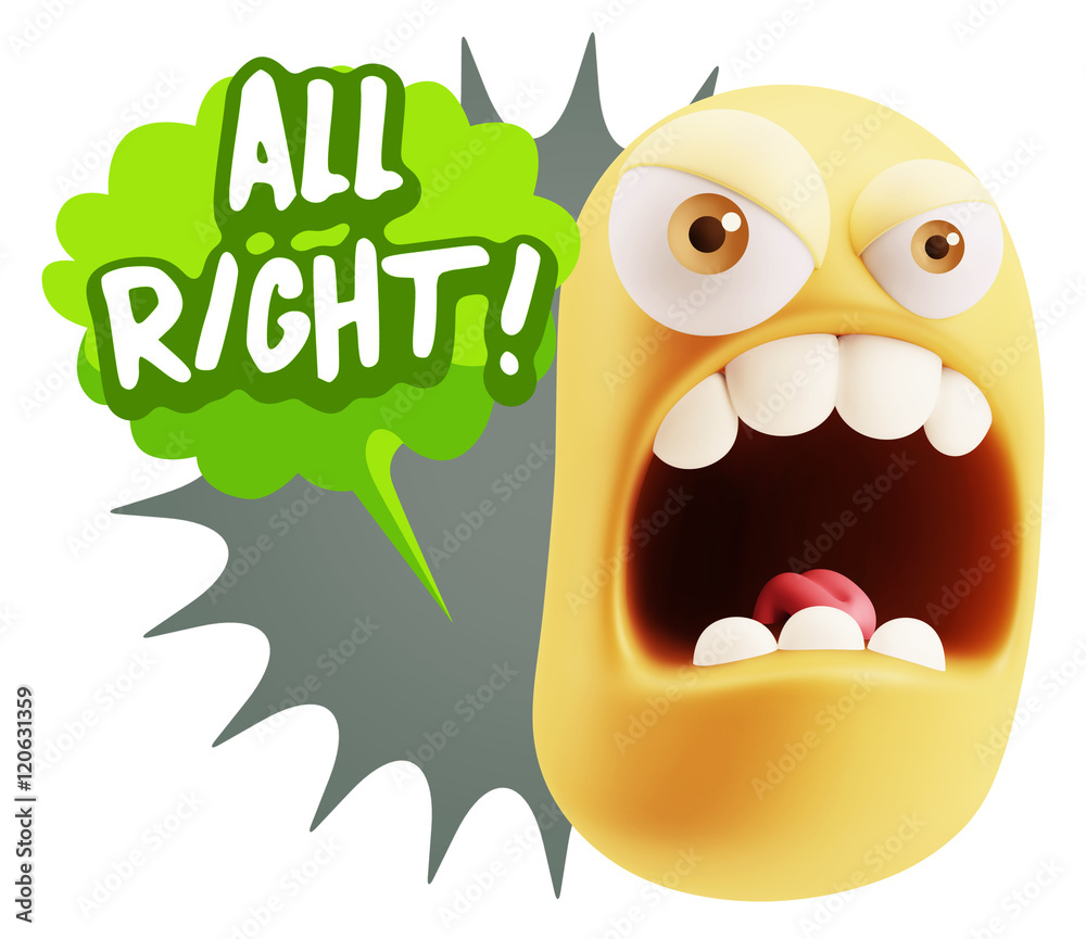 3d Rendering Angry Character Emoji saying All Right with Colorfu 3d Rendering Angry Character Emoji saying All Right with Colorfu