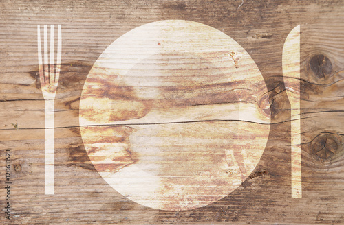 Illustration of white plate on brown wooden background