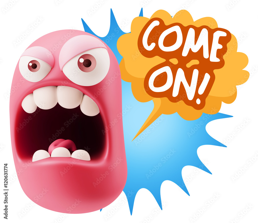 3d Rendering Angry Character Emoji saying Come On with Colorful
