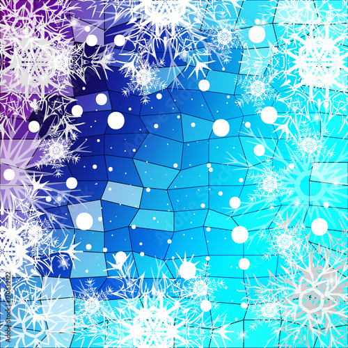 Frame of Christmas snowflakes on a blue background with a geometrical pattern. vector illustration