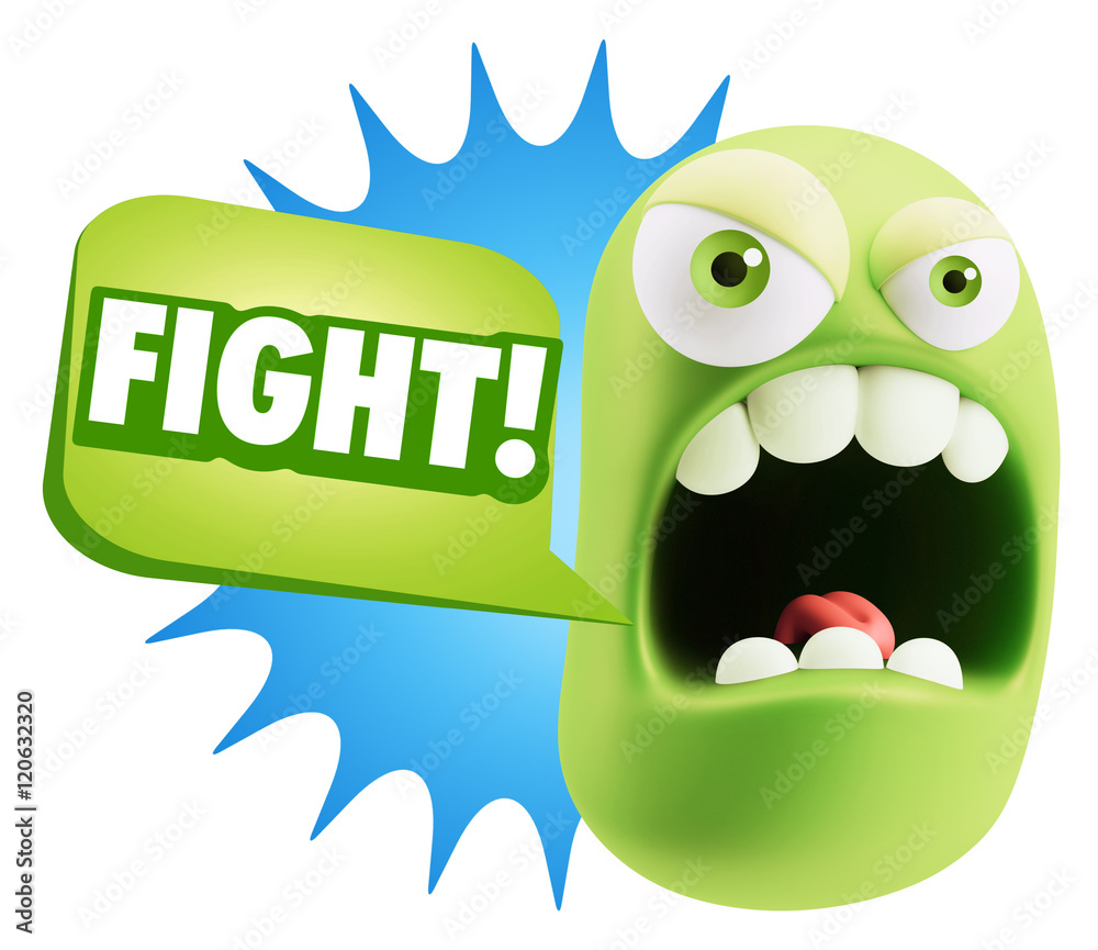 3d Rendering Angry Character Emoji saying Fight with Colorful Sp 3d Rendering Angry Character Emoji saying Fight with Colorful Sp