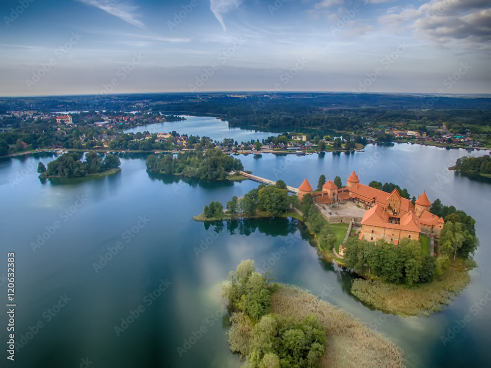 Trakai, Lithuania: Island castle, aerial UAV top view, flat lay