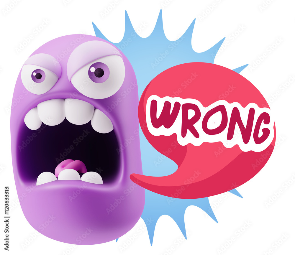 3d Rendering Angry Character Emoji saying Wrong with Colorful Sp