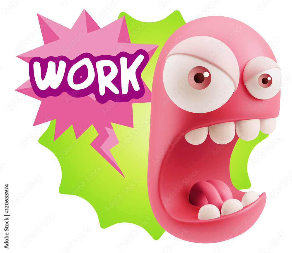 Obraz premium 3d Rendering Angry Character Emoji saying Work with Colorful Spe