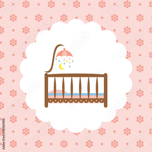Baby crib icon on floral pattern.