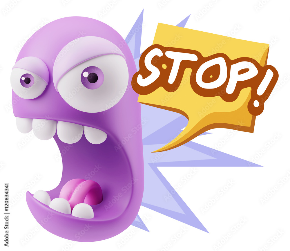 Obraz premium 3d Rendering Angry Character Emoji saying Stop with Colorful Spe