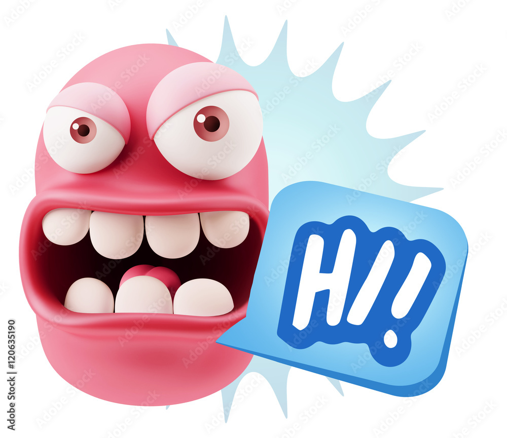 Obraz premium 3d Rendering Angry Character Emoji saying Hi with Colorful Speec