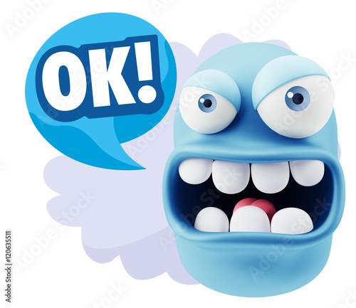 3d Rendering Angry Character Emoji saying OK with Colorful Speec photo