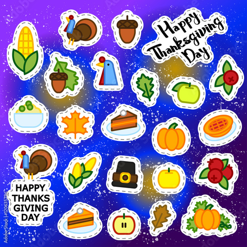 Set of abstract sticker thaksgiving day icon. holiday symbols.
