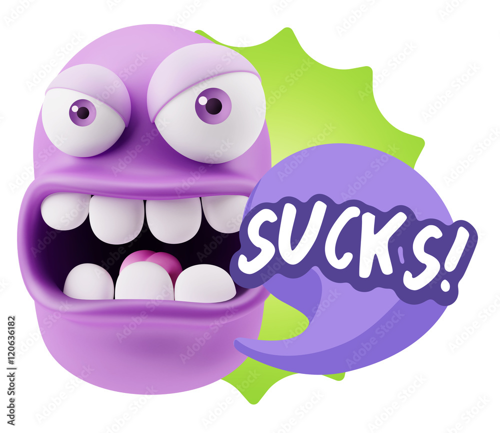3d Rendering Angry Character Emoji saying Sucks with Colorful Sp
