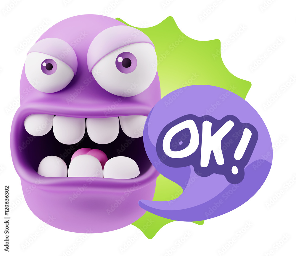 3d Rendering Angry Character Emoji saying OK with Colorful Speec 3d Rendering Angry Character Emoji saying OK with Colorful Speec