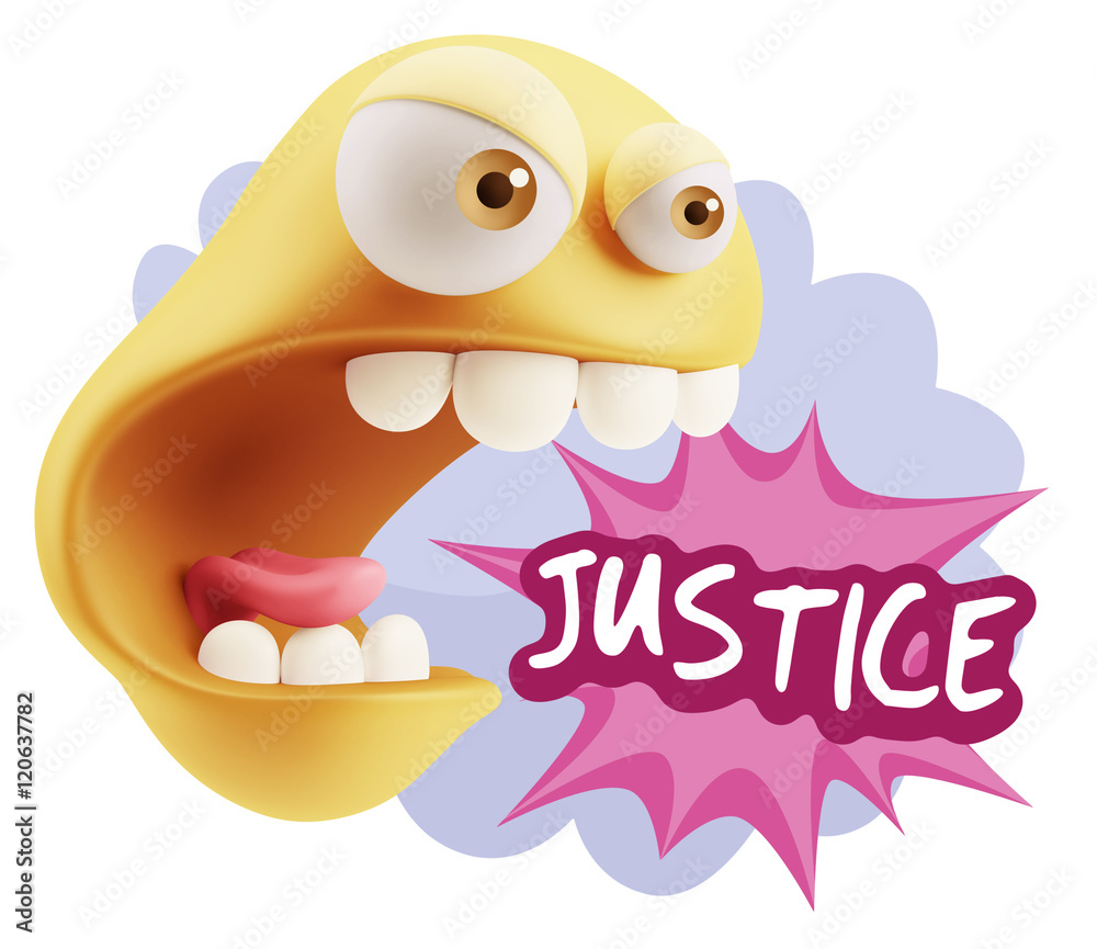 3d Rendering Angry Character Emoji saying Justice with Colorful