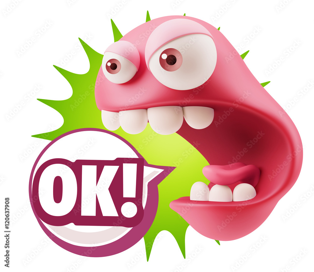 3d Rendering Angry Character Emoji saying OK with Colorful Speec 3d Rendering Angry Character Emoji saying OK with Colorful Speec
