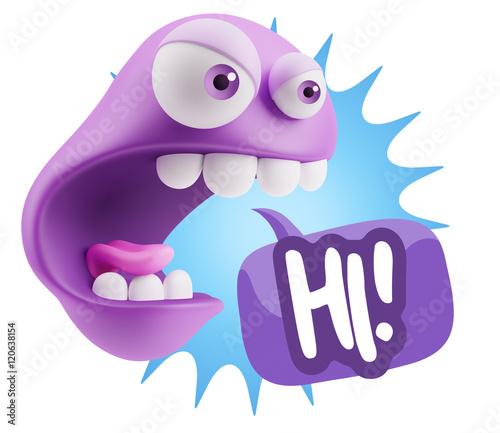 3d Rendering Angry Character Emoji saying Hi with Colorful Speec