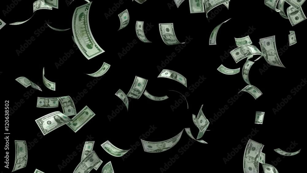 Money Falling - Dollar bills falling down from the sky. All denominations of American currency including $1, $5, $10, $20, $50, and $100. Alpha channel included.