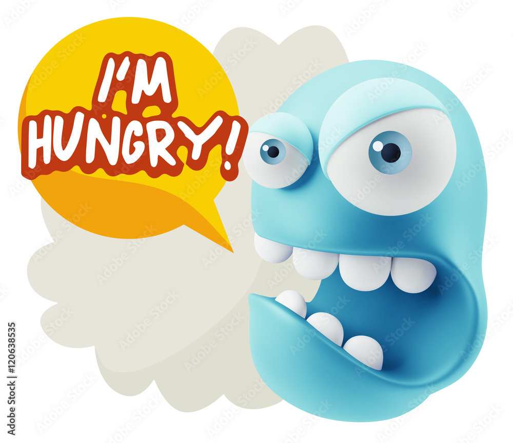 3d Rendering Angry Character Emoji saying I'm Hungry with Colorf