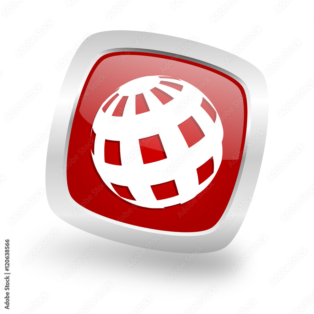 earth square red glossy chrome silver metallic web icon earth square red glossy chrome silver metallic web icon